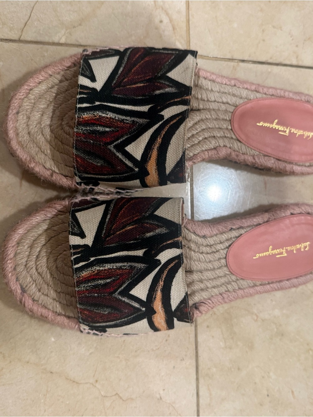 Salvatore Ferragamo Pink Rope Espadrille Slides with Multicolor Patterned Strap